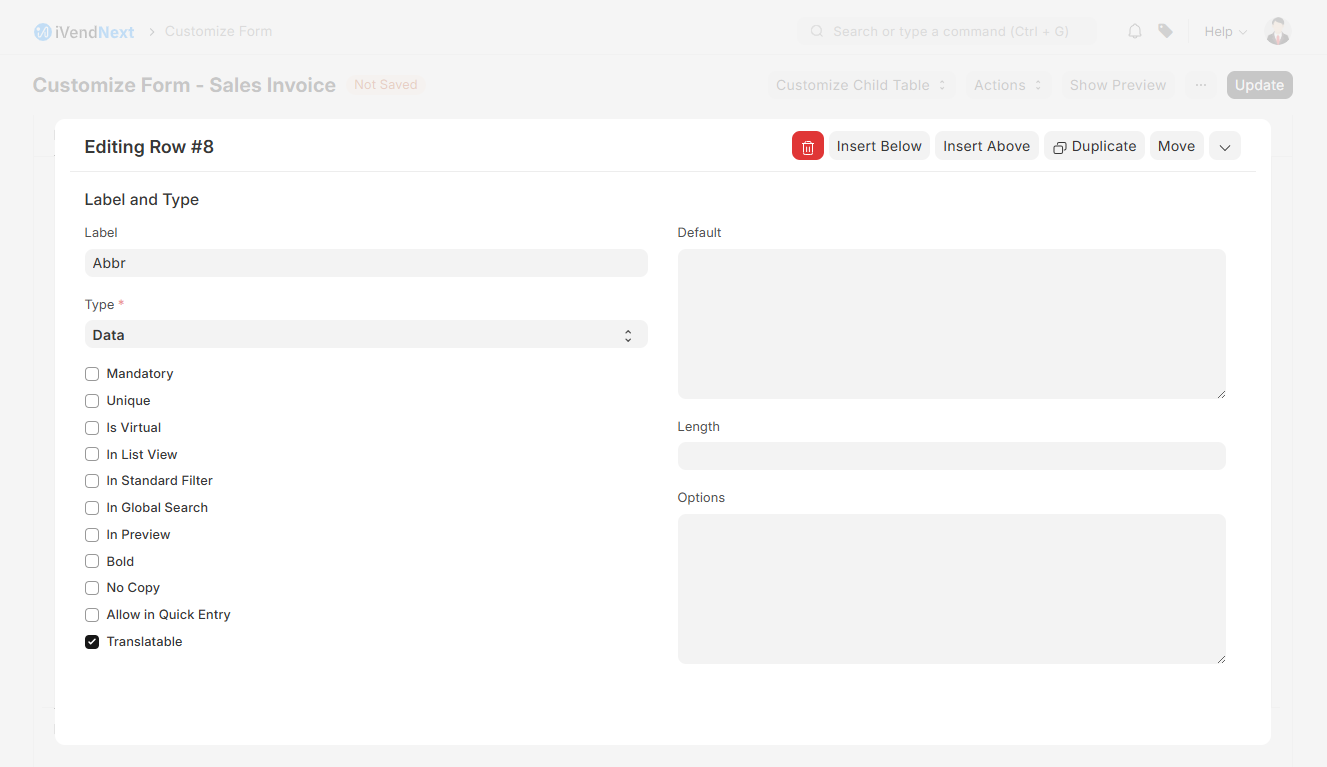 Customize Form - Sales Invoice - Edit Row